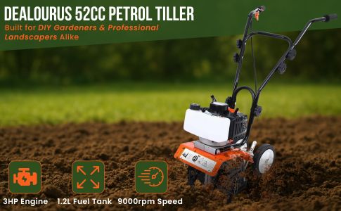DEALOURUS 52cc Petrol Garden Tiller – 3HP 2-Stroke Soil Cultivator