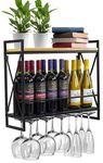 INDIAN DECOR. 45739 Wine Bottle Stemware Glass Rack, Industrial 2-Tier Wood Shelf with 5 Stem Glass Holders for Glasses, Flutes, Mugs, Metal