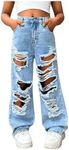 Floerns Girl's Distressed Jeans Baggy Wide Straight Leg Y2k Ripped Denim Pants Light Wash 11Y