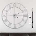 HAITANG 60CM Retro Silver Metal Large Wall Clock Roman Style 24 Inches Round Silent Non Ticking Battery Operated Roman Numerals Clocks for Living Room,Bedroom,Kitchen Decor