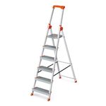 SONGMICS Step Ladder, 6-Step Aluminium Ladder with 12 cm Deep Steps, Foldable with Tool Tray and Anti-Slip Feet, Max. Static Load 150 kg, Silver and Orange GLT006E11