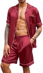 Ekouaer Mens Satin Pajamas Set Button-Down Short Sleeve Shirt Top Soft Silk Sleepwear Shorts with Pockets Wine Red