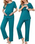 Ekouaer Women's Maternity Nursing Pajamas Sets Short Sleeve Postpartum Pregnancy Pajama for Hospital Breastfeeding PJS with Pants Teal Medium