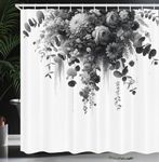 Ambesonne Black and White Shower Curtain, Weeping Flowers with Eucalyptus Leaves Garden Branches Botanical Art, Cloth Fabric Bathroom Decor Set with Hooks, 69" W x 70" L, Dark Grey White