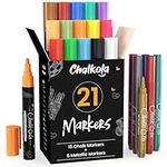 Chalk Pens & Metallic Colours (Pack of 21) Neon Chalk Markers - Erasable Dry Erase Marker Pens for Blackboards, Chalkboard, Window, Glass | 6mm Reversible Bullet & Chisel Tip