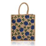 Kuber Industries Grocery Bag | Jute Carry Bag | Reusable Shopping Bag | Lunch Handbag | Zipper Grocery Bag with Handle | Vegetable Grocery Bag | Blue Apple | Brown