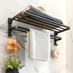 yozhch Matte Black Towel Holder for Bathroom, Self Adhesive Towel Rail Wall Mounted Towel Rack, 2 Tier Towel Bar with Shelf 90° Foldable (38cm)