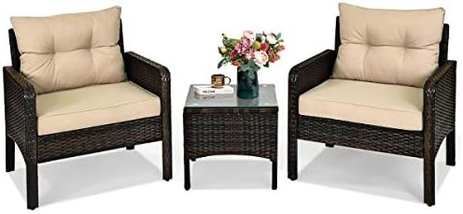 HAPPYGRILL 3 Pieces Patio Furniture Set Outdoor Rattan Wicker Coffee Table & Chairs Set with Seat Cushions Patio Conversation Set for Garden Balcony Backyard Poolside