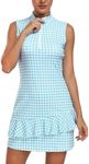 MoFiz Women Sleeveless Zip Up Golf Tennis Dress Ruffle Athletic Sports Dresses with Shorts One Piece for Active Casual Wear, Blue Plaid, X-Large