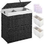 Greenstell Laundry Hamper with Lid, No Install Needed 110L 2 Sections Clothes Hamper with 2 Removable Liner Bags, Handwoven Foldable Synthetic Rattan Clothes Storage Hamper, Black