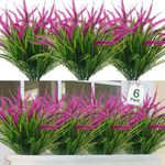 ASTNIC 6 Bundles Artificial Lavender Flowers Outdoor, Decorative Plastic Fake Plants UV Resistant Faux Green Shrubs Bushes Artificial Plants for Indoor Outdoor Home Wedding Garden Decor (Fuchsia)