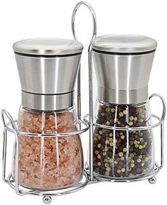 Premium Stainless Steel Salt and Pepper Grinder Set - Short Glass Shaker, Pepper Mill & Salt Mill with Adjustable Coarseness, Refillable for Himalayan or Sea Salt, Black Peppercorn, with Bonus Stand