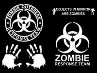 Zombie Decal 4 Pack: Zombie Outbreak Response Team, Objects in Mirror are Zombies, Bloody Hands, Zombie Response Team Decals (Small ~3.5", White)