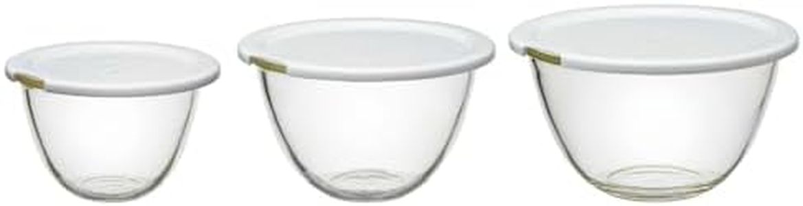 HARIO MXPF-4904-W Heat Resistant Glass Bowl with Microwave Lid Set of 3, 30.5 fl oz (900 ml), 59.1 fl oz (1,500 ml), 2,200 ml, BUONO Kitchen Multi Balls, Clear, Made in Japan