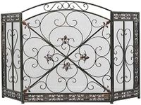 Deco 79 Metal Scroll Fireplace Screen Foldable Arched 3 Panel with Fleur De Lis Accents, 52" x 1" x 31", Black