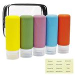 Laxen 5 Pack Travel Bottles for Toiletries with Labels, Silicone Travel Bottles For Toiletries Set with Clear Zipper Toiletry Bag, Leakproof Refillable Squeeze Travel Size Containers for Toiletries.