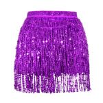 Soudittur Women's Sequin Tassel Skirt Belly Dance Skirt Fringe Rave Skirt Party Sparkle Skirt Mini Wrap Skirts Festival Outfits for Women and Girls, Purple