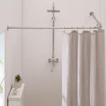 Crkmire Corner Shower Curtain Rod, Silver Gray [24"-53"] x [24"-53"] Adjustable L Shaped Shower Rod No-Sagging 90 Degree Curved Curtain Rod for Bathroom Bathtub with 12 Ring Hooks & Ceiling Support