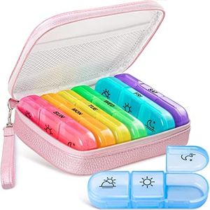 AMOOS Cute Pill Organizer 3 Times a Day, PU Leather Pill Case for Women, Portable Weekly Pill Box for Purse with Storage Bag&Zipper to Hold Vitamins/Medications/Fish Oils/Supplements, Pink
