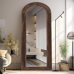 ZHUNFA Arched Right Angle Solid Wood Mirror Frame, 165x56 Wall Mounted Floor Mirror with Bracket, Vertically Suspended, Bedroom and Living Room Tilted Standing, Brown