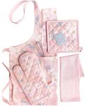 PIXEL HOME DECOR Apron with Oven Mitt and Pot Holder with Kitchen Towel (Pink Blossom), 60cmx85cm