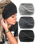 3 PCS Headband for Women, Elevate Your Style with OurWide Headbands for Women, Non-Slip Design and Elastic Fabric, Perfect for Workouts or Casual Wear (Grey, Black, and Light Grey)