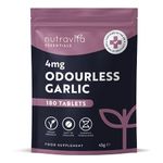 Odourless Garlic Tablets - High Strength Garlic Supplement - 180 Vegan Tablets (Alternative to Capsules) – 6 Month Supply - Easy to Swallow - Letterbox Friendly - Made in The UK by Nutravita