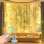 Eueasy 300 LED Curtain Lights, 9.8ft x 9.8ft Fairy Lights with 8 Modes, String Hanging Lights, Remote Control, Perfect for Indoor/Outdoor Christmas, Wedding, Party Wall Decorations (Warm White)