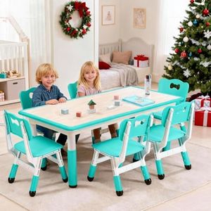 Garvee Kids Table and 6 Chair Set,47 Inches Modern Height Adjustable Toddler Table and 6 Chairs Set with Non-Slip Desk Legs&Organizer Graffiti Desktop,Preschool Activity Art Craft Tables for 6(Teal