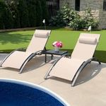 PURPLE LEAF Patio Chaise Lounge Set of 2, Sunbathing Chair Outdoor Lounge Chair with Adjustable Headrest and Table for All Weather, Beige