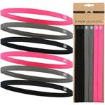 Elastic Thin Sports Headbands - Athletic Non Slip Skinny Headbands for Women Men Boys Girls Kids- 6-Pack Silicone Grip Hairband Mini Sweat Band, Great for Workouts (2 Black / 2 Gray / 2 Hot Pink)