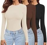 Ekouaer Womens 3 Pack Long Sleeve Tops Crew Neck Shirts Thermal Tops Set Stretch Fitted Underscrubs Layer Tee Black + Brown + Beige S