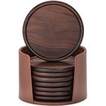 Wood Coasters with Leather Holder, GOH DODD Set of 8 Wooden Coaster Set for Drinks Desk Coffee Table Home Kitchen Office Bar, Tabletop Protection Living Room Decor, Walnut Coasters, 4 Inch