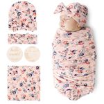 BQUBO Baby Girl Newborn Receiving Blanket with Bow Hat Headband Wooden Birth Announcement Card Set Baby Floral Print Nursery Swaddle Wrap