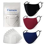 Euroca - Cloth Face Mask, Soft Cotton Face Masks, Washable & Reusable Face Masks, Face Mask Set, Adjustable Face Mask With Filter Sheets (PM2.5), Black, Burgundy & Navy, Set of 3, Women