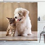 ABAKUHAUS Animal Shower Curtain, Baby Cat Kitten and Puppy Dog Best Friends Image Photo Artwork, Cloth Fabric Bathroom Decor Set with Hooks, 70 Inches, Sand Brown White