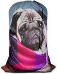 Swono Cute Pug Large Travel Laundry Bag Washable Wet Dry Bag Large Dirty Clothes Bag Puppy In The Scarf Bathing Suit Workout Bag for Gym Clothes Laundry Wet Clothes Swimming Yoga, Dog Portrait