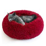 ALLNEO Calming Shag Vegan Fur Donut Cuddler Fuax Fur Donut Cuddler Pet Bed Faux Fur Dog Beds for Medium Small Dogs - Self Warming Indoor Round Pillow Cuddle (L-70 * 70 * 18cm,Red)