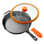 CountryCook Pre-Seasoned Cast Iron Frying Pan 26 cms with Glass Lid, Induction Friendly, Non-Toxic, Enamel Free Cookware (Black with Handle, 26 cms)