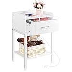 OYEAL White Nightstand, End Table with Charging Station 2-Tier Side Table with Drawer and Storage Shelf, Rustic Bedside Night Stand for Bedroom, Living Room, Easy Assembly, White