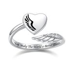 S925 Sterling Silver Inspirational Hug Ring (Feather Wing Design), You Make The World a Better Place Theme Motivational Encouragement Message Graduation Gift Jewelry for Women Girls Daugther Friend