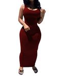 Aomice Women's Sexy Bodycon Tank Dress Basic Sleeveless Long Maxi Dresses, Burgundy, XL