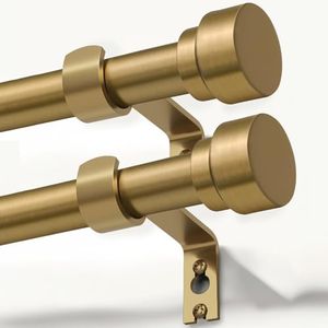 Lootkell 2 Pack Warm Gold Curtain Rods for Windows 72 to 144 Adjustable Length Heavy Duty 1" Diameter Brass Window Rod with Solid Metal Finials for Outdoor Farmhouse Bedroom Kitchen Living Room