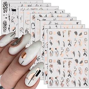 9 Sheets Rose Gold Nail Art Stickers Decal,Retro Rose Gold Nail Foil Decals Nail Supplies 3D Self-Adhesive Graffiti Fun Abstract Leopard Print Botanical Line Nail Design Luxury for Nail Art Decoration