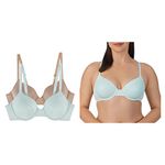 ELLEN TRACY Everyday T-Shirt Bra with Underwire - Solid and Textured Mesh Overlay - 2-Pack Multipack, Pastel Blue With Mesh/Mink, 36C