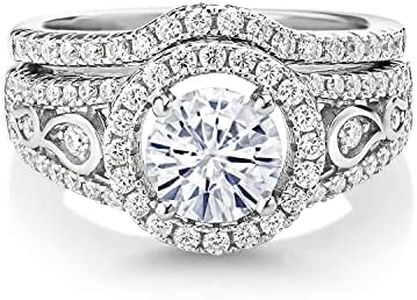 Gem Stone King 925 Sterling Silver Moissanite Women Wedding Engagement Ring Band Bridal Set (1.74 Cttw, Center 6.5MM, Available in size 5, 6, 7, 8, 9)