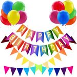 Rainbow Happy Birthday Banner & Bunting Felt Pennant Hanging Banners Party Decorations Set for Women Boys and Girls with 12 Rainbow Latex Balloons Perfect for Indoor and outdoor Birthday Parties