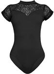 HilyBony Women Ballet Leotards Black-Lace Short-Sleeve with Elegant Swan collar Dance-Gymnastics Yoga-Leotards (Black, Medium)