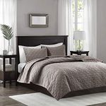 Madison Park Harper Velvet Full/Queen Size Quilt Bedding Set - Taupe, Geometric - 3 Piece Bedding Quilt Coverlets - Velvet with 90% Cotton Filling Bed Quilts Quilted Coverlet