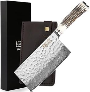 SUNLONG Meat Cleaver 7 inch Vegetable Cleaver Kitchen Knife Japanese Hammered Damascus Steel - Natural Antler Handles